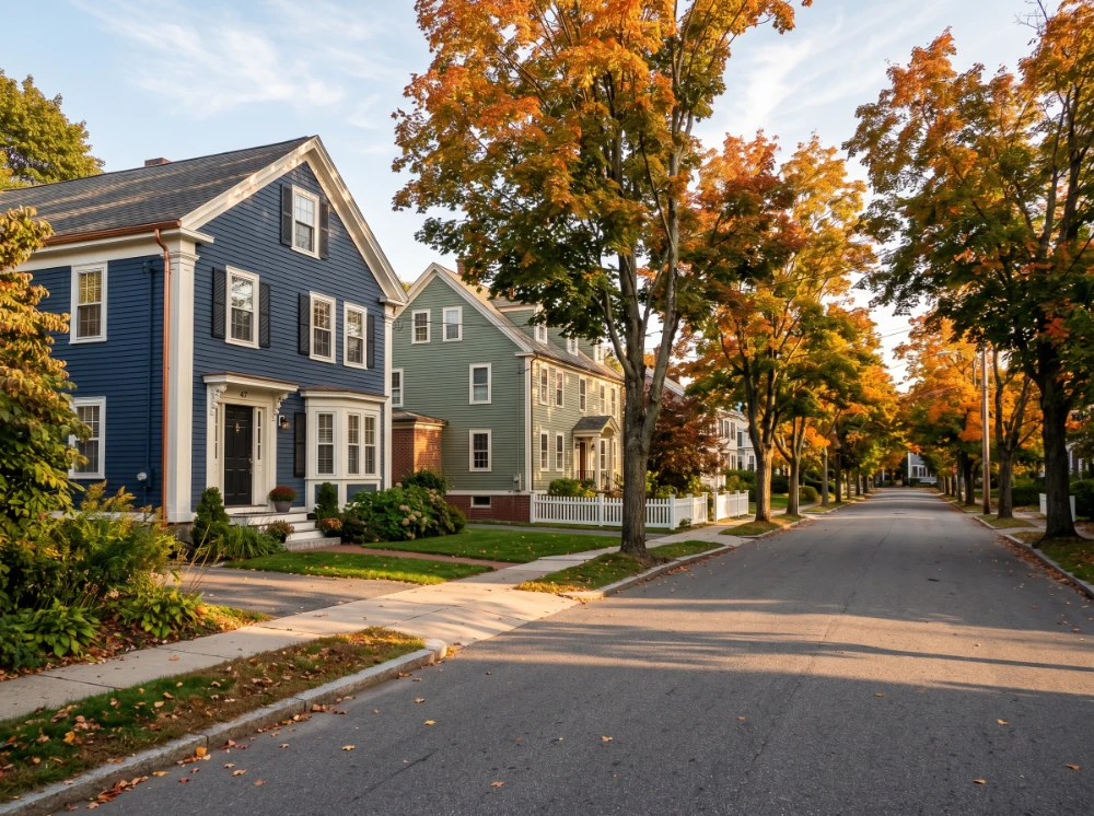 Tree-lined street in Lowell, MA with classic New England colonial homes in autumn