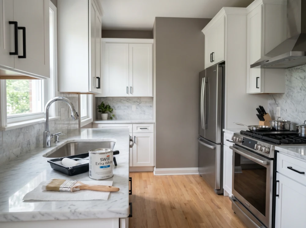Modern kitchen with freshly painted white shaker cabinets, marble countertops and stainless steel appliances