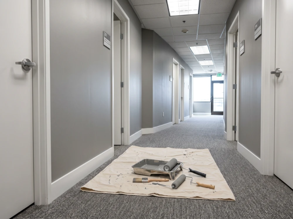 Freshly painted commercial office hallway with painting tools on drop cloth