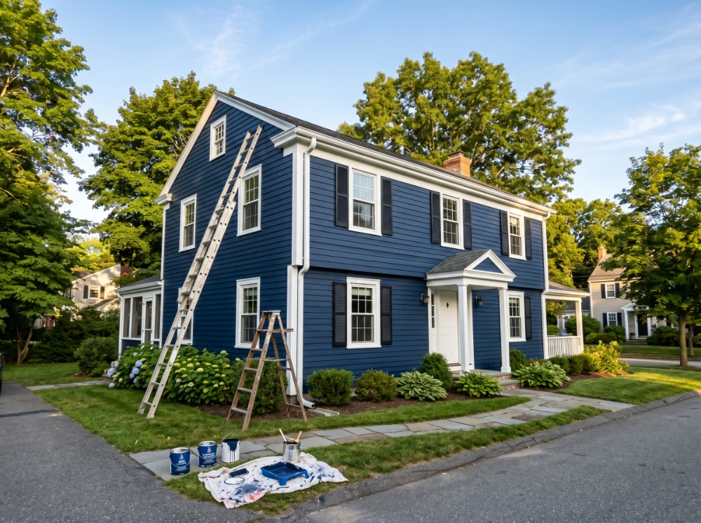 Classic New England colonial home with freshly painted navy blue facade and white trim