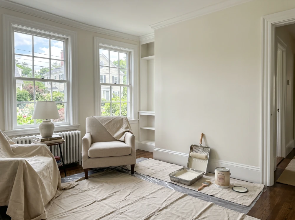 Freshly painted interior room in a New England home, paint tools on drop cloth