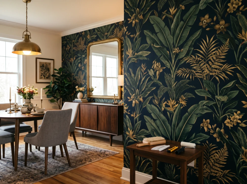 Elegant dining room accent wall with bold botanical pattern wallpaper, perfectly aligned seams